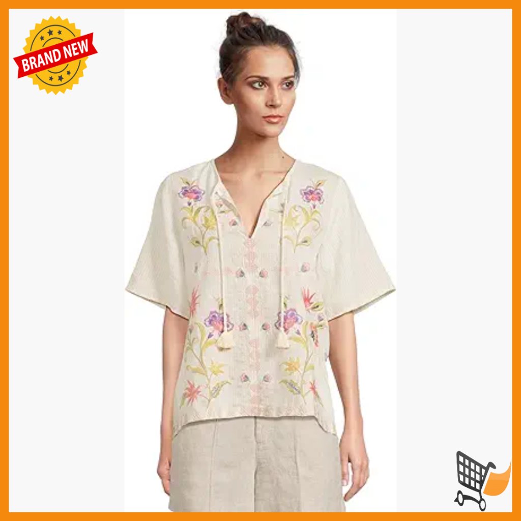 Linen Tunic Blouse With Embroidered Sleeves And V-Neck Tie